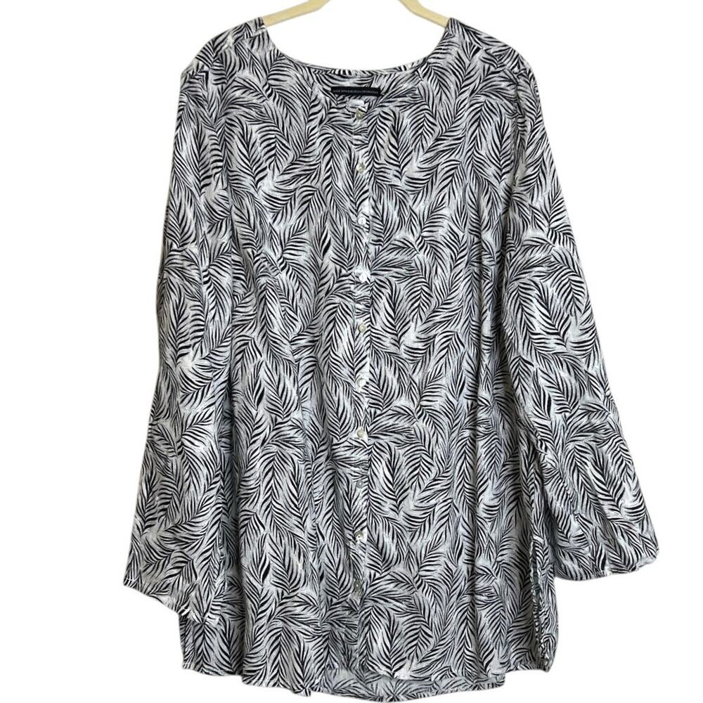 Tahari Linen Tunic Top 1X Black White Palm Leaf Button Front Roll Tab Sleeve